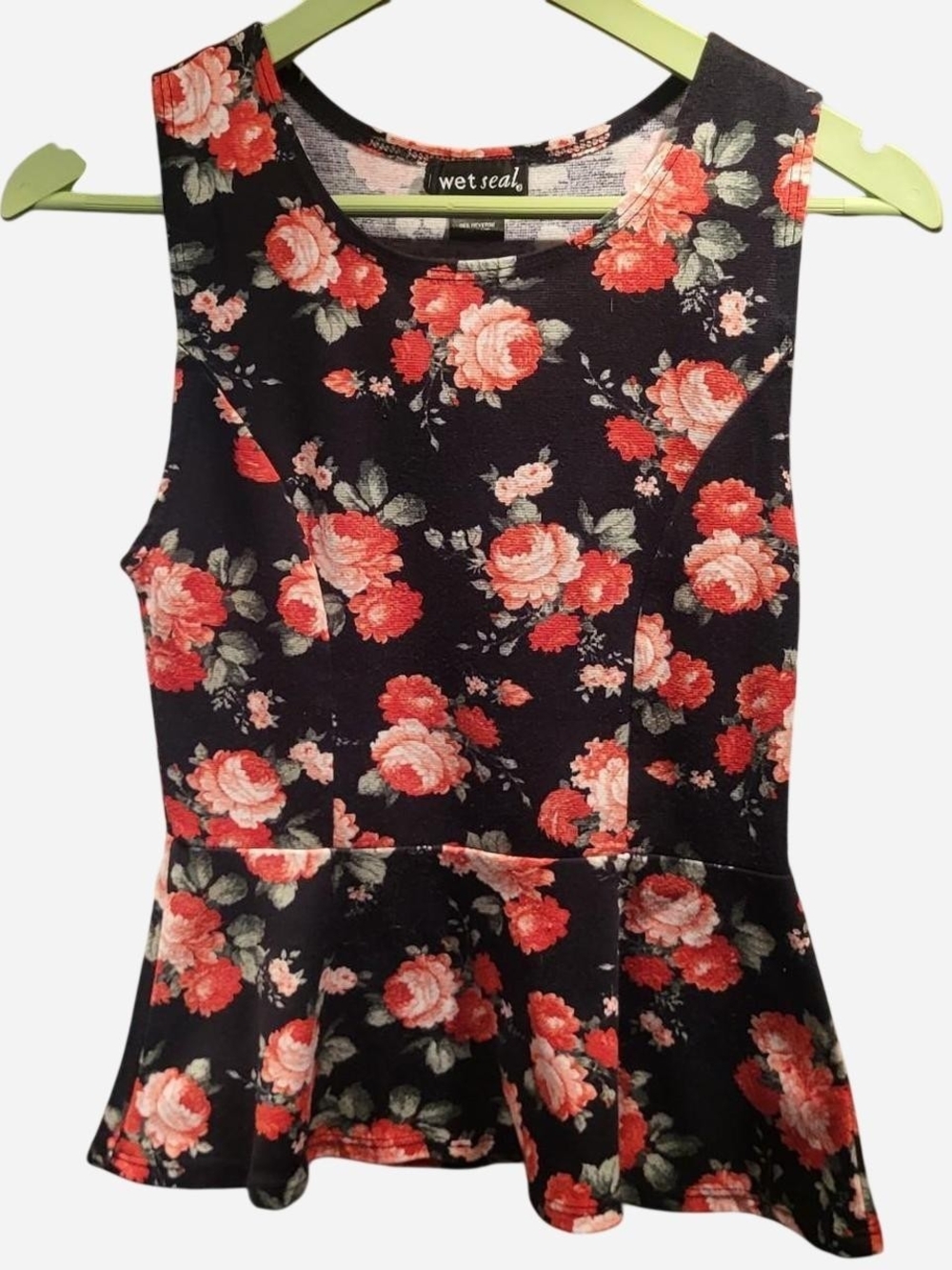 Wet Seal Black Floral Peplum Tank Top with Red and Pink Roses
